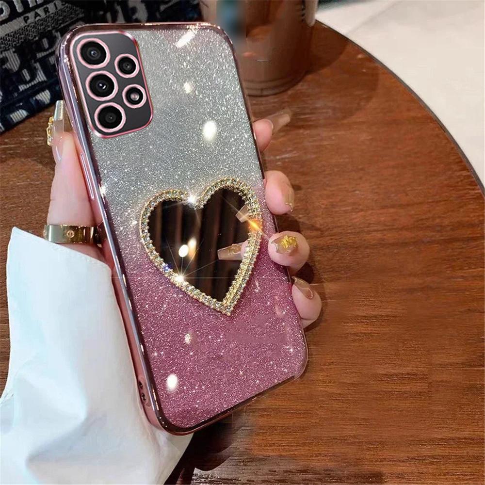 Gradient Glitter Phone Case For Samsung A52 A50 A32 A22 A12 A31 A70 A51 A30 A71 A72 4G 5G Diamond Heart Makeup Mirror Back Cover
