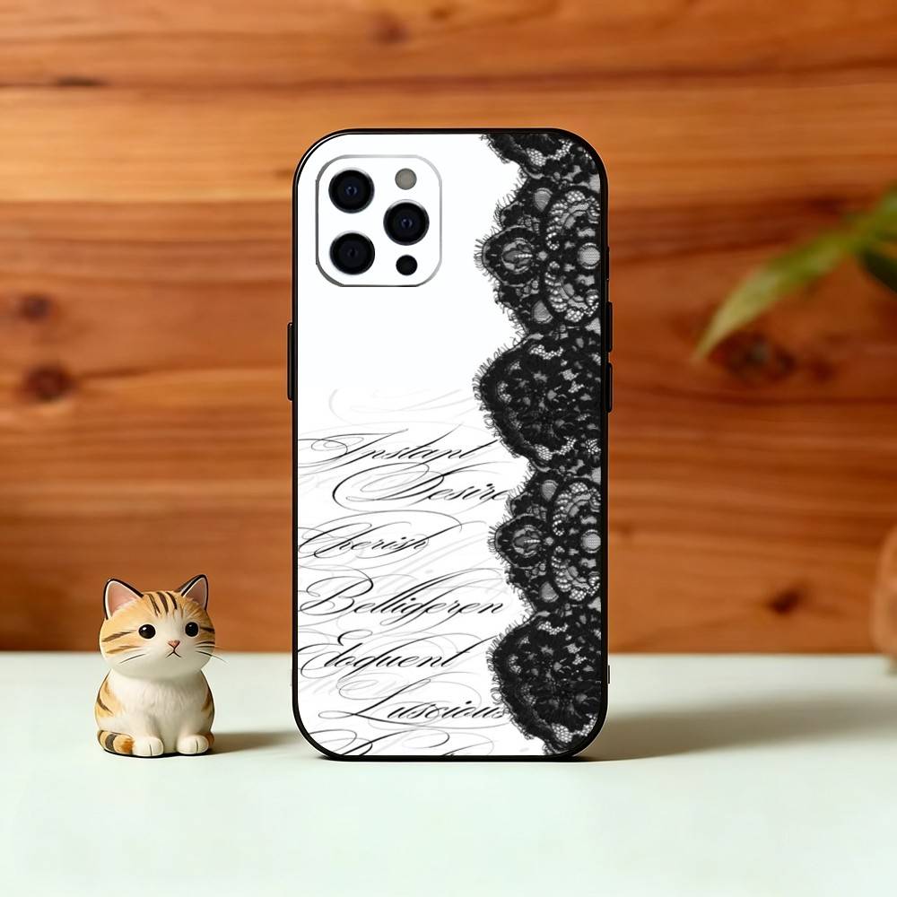 B-Black lace print Phone Case For iPhone 17,16,15,14,13,12,11 Plus,Pro Max,XS,Soft Silicone Black Cover
