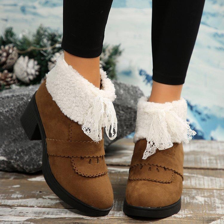 Women's Faux Suede Snow Boots With Side Zipper Faux Fur Lining Ankle Booties for Women Winter Warm Chunky Block Heel Slip on Walking Short Boots Shoes