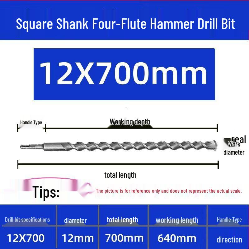 Extended Electric Hammer Drill Bit, Square & Round Shank, for Concrete Piercing - Available in 500mm to 2m Lengths