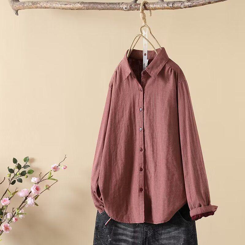 

Винтажная полосатая хлопковая рубашка для женщин, рубашка с длинным рукавом в стиле ретро, универсальная блузка L