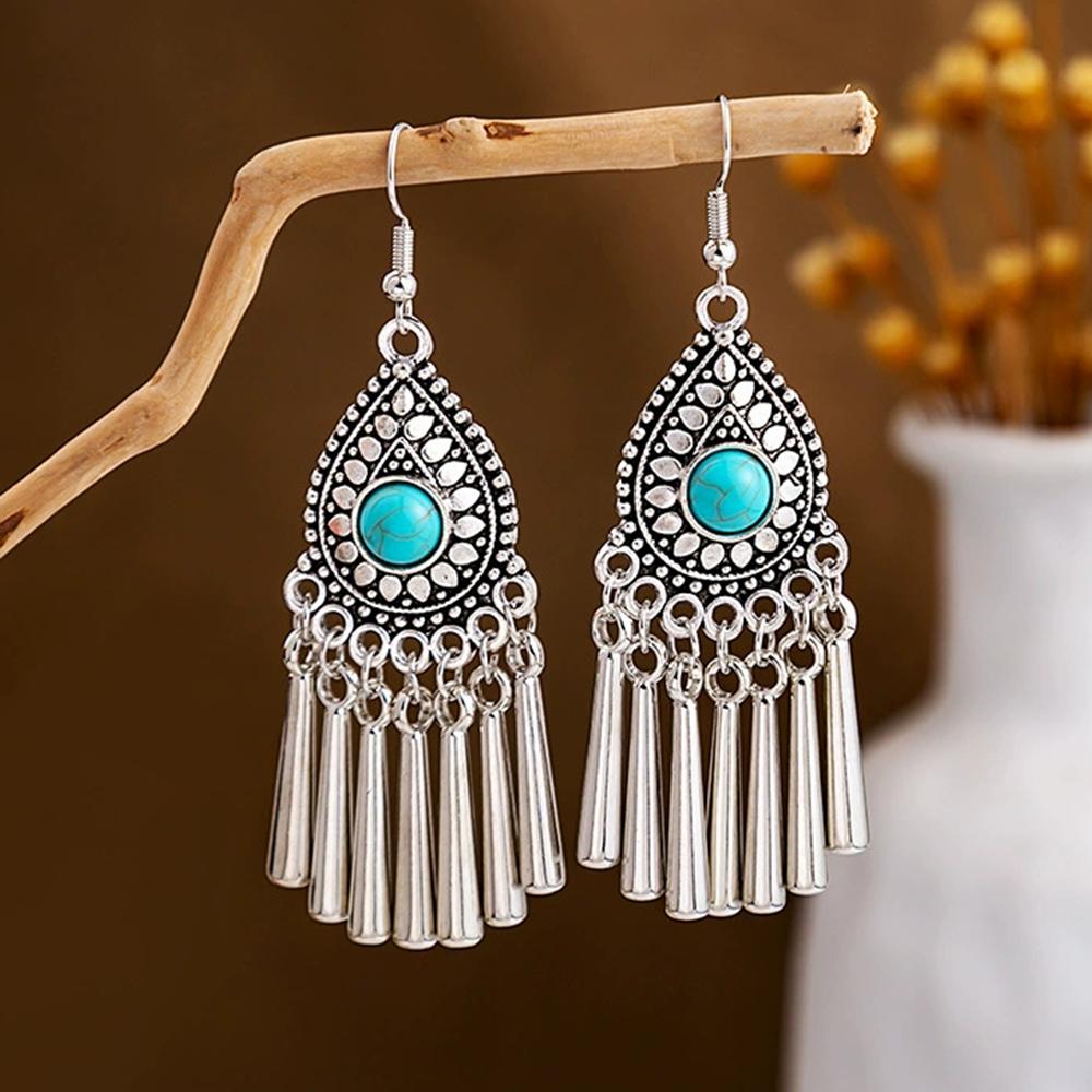 Vintage Ethnic Jewelry Bohemian Antique Silver Color Alloy Imitation Turquoise Tassel Earrings For Women's Party Accessories