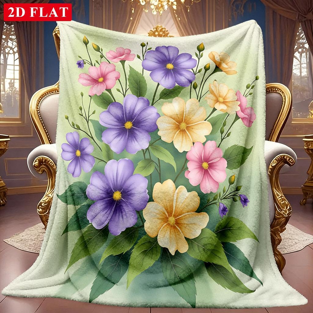 1pc 2D Colorful Floral Theme Pattern Flannel Blanket, Soft HD Digital Print, Cooling Blanket All-Season Use! Soft And Breathable 100% Polyester Fiber,