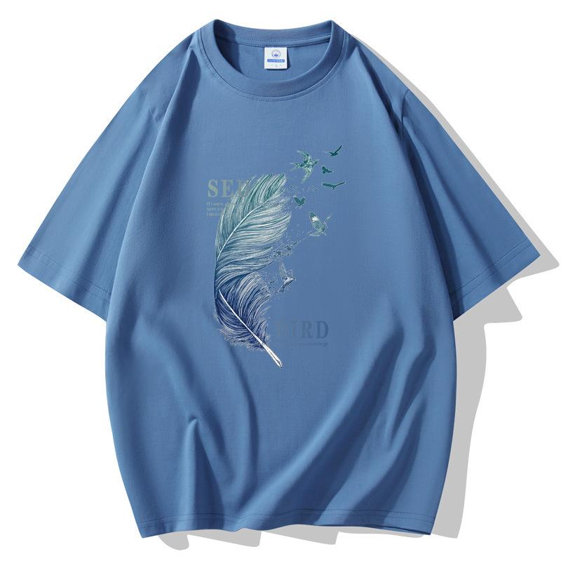 10 Colors Feather Man's Short Sleeves Loose T-shirt 100% Cotton Casual Tee Size S-5XL