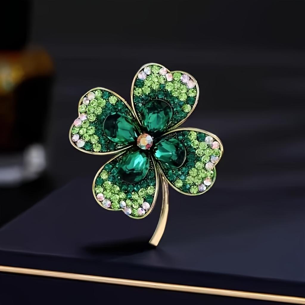 Green Rhinestone Shiny Four Leaf Clover Brooch Pin, Versatile Accessory For Cardigan Coat Hat Perfect Fashion Gift For Women