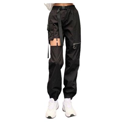 Women Punk Hollow Out Cargo Pants with Belt Buckle Adjustable Waist Jogger Style Casual Trousers for Autumn Winter Streetwear