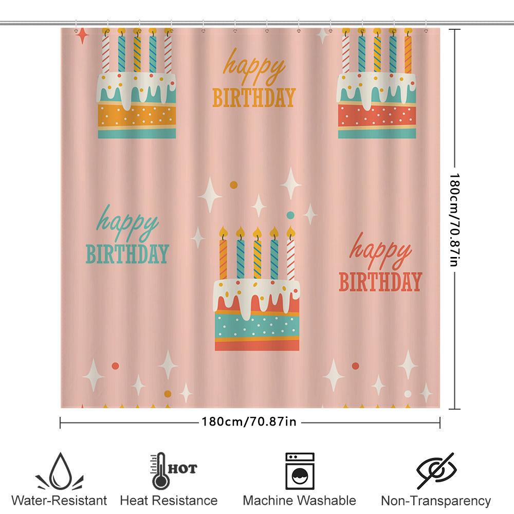 Happy Birthday Shower Curtain With Cake Pattern Pink Color Decorative Waterproof Bath Mat Cover Set Perfect Gift For Birthday Pa