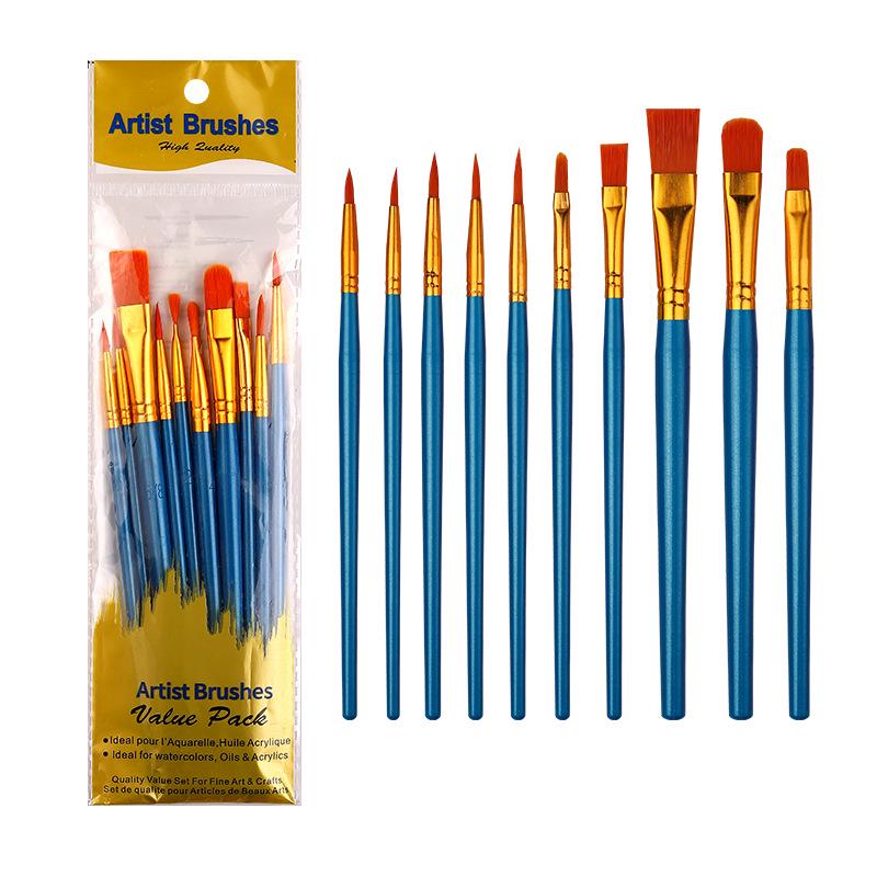 10-Piece Pearlescent Blue Nylon Hair Paint Brush Set for Gouache & Oil Painting