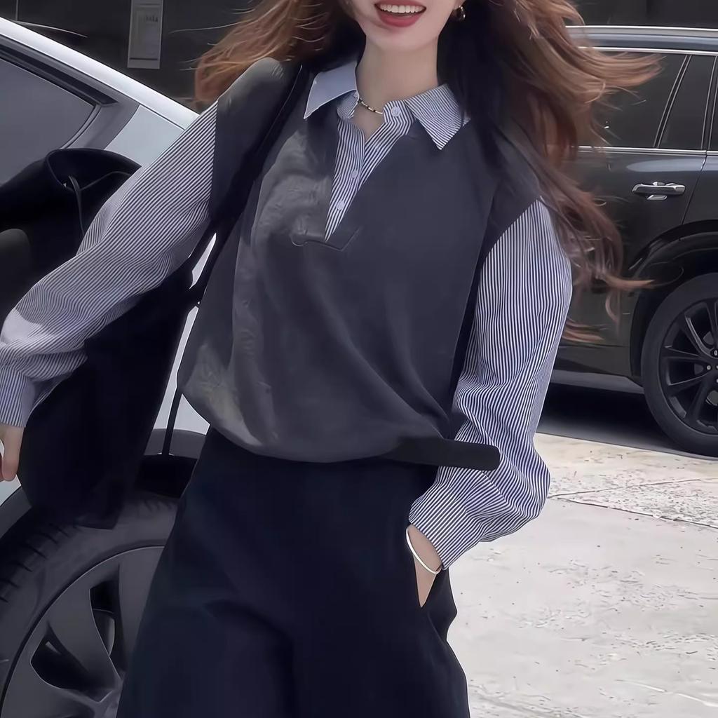 Andy velvet washing water, autumn new fake two-piece Polo collar shirt, high-end temperament, casual and versatile woman