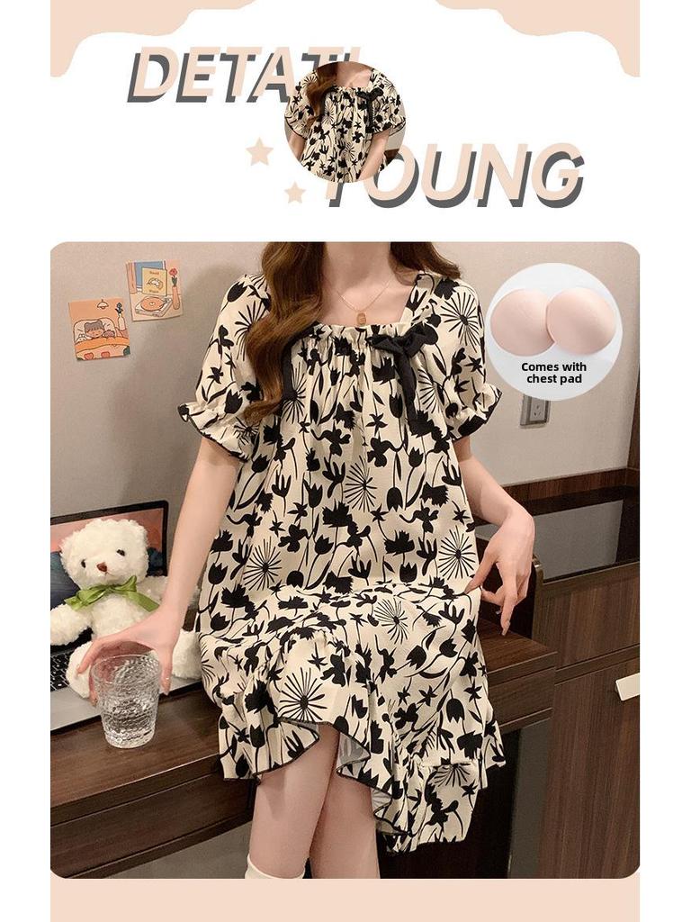 Summer Bubble Cotton Nightdress for Women with Chest Pads - Sweet, Cute, and Versatile Short-Sleeve Pajamas