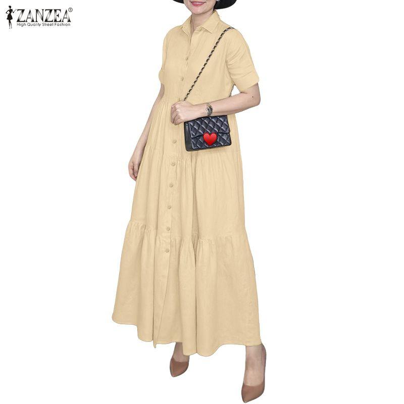 ZANZEA Women Casual Turn Down Collar Loose Short Sleeve Long Dress