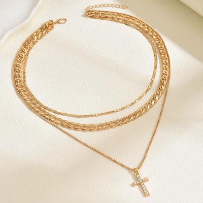 Fashion Personality Diamond-encrusted Cross Pendant Necklace Multi-layer Stacked Alloy Thick Chain Necklace Women