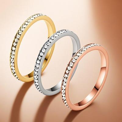 Women's Stainless Steel 2mm Wide Diamond Ring - Simple, Durable, Fade-Resistant Cold Titanium Steel Design.