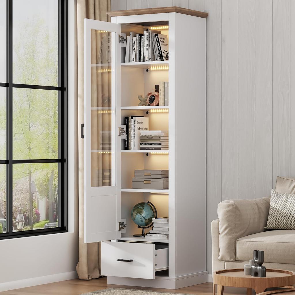 Witryna ze światłami LED, Szklana witryna szuflady 5 półek, Nowoczesny regał wysoki szafka kuchenna salon sypialnia biuro przedpokój, Biały, 178cm