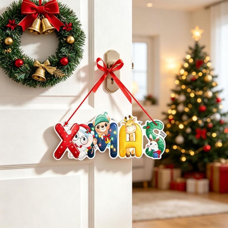 6 Set of Assorted Paper Christmas Door Hanging Decorations with Hanging Ribbons and Santa, Truck, Holiday Characters, and Sign Motifs
