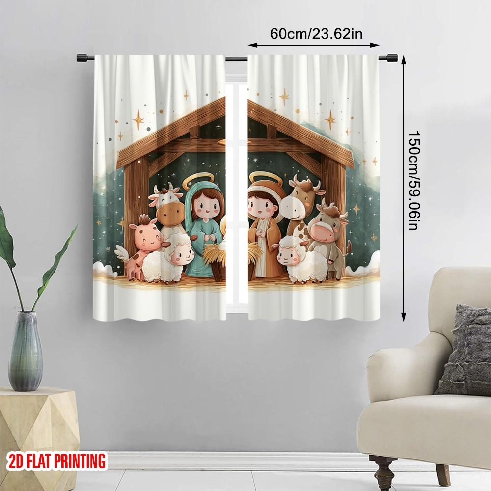 2pcs,2D plane printing Popular Curtains Christmas Nativity Scene Versatile 100% Polyester (without rod) Outdoor Decorations