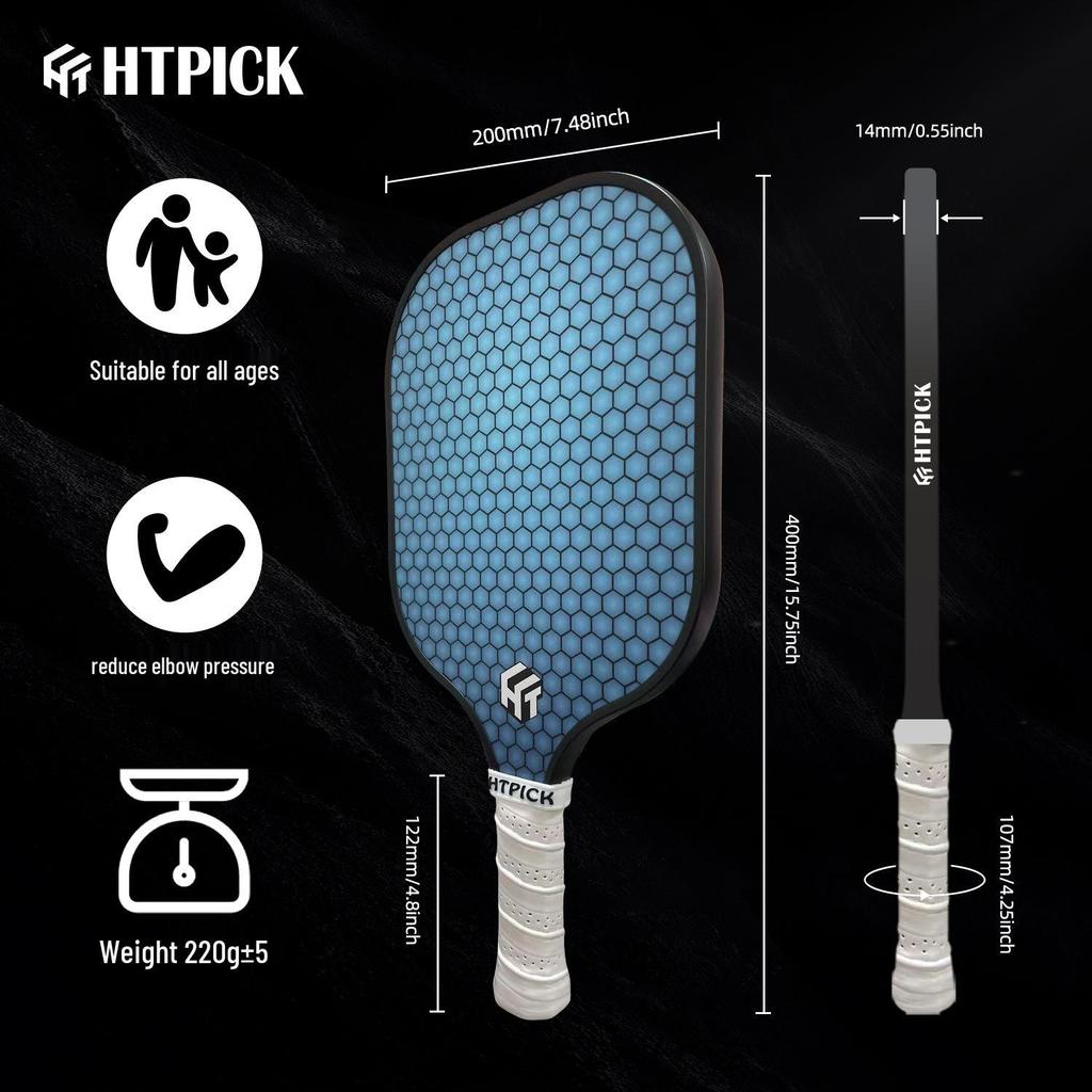 HTPICK Ensemble de raquettes de pickleball en fibre de carbone T300 pour adultes et enfants - Niveau compétition Pro.