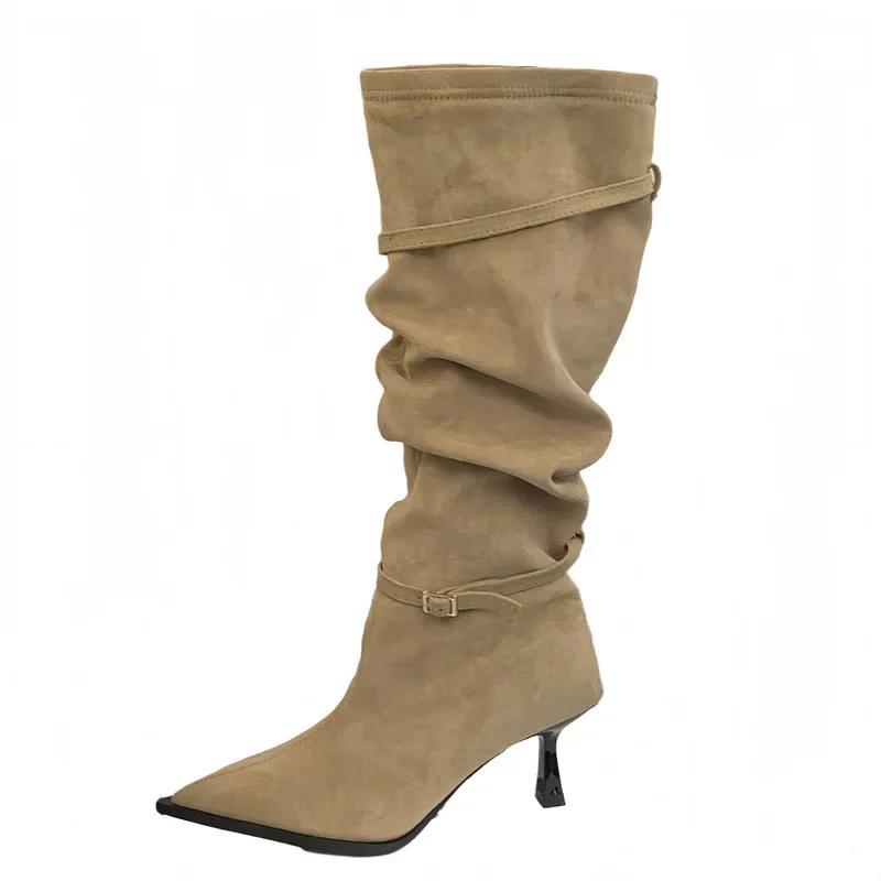 Fashion 2025 New Khaki Color Pointed Toe High Heel Boots Women's Autumn Winter New Style Matching Coat High Tube Boots Knight Long Boots