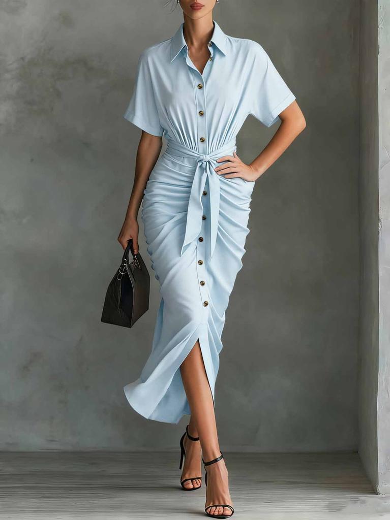 Women's Fashion Vintage Short-Sleeve Pleated Button-Down Shirt Dress