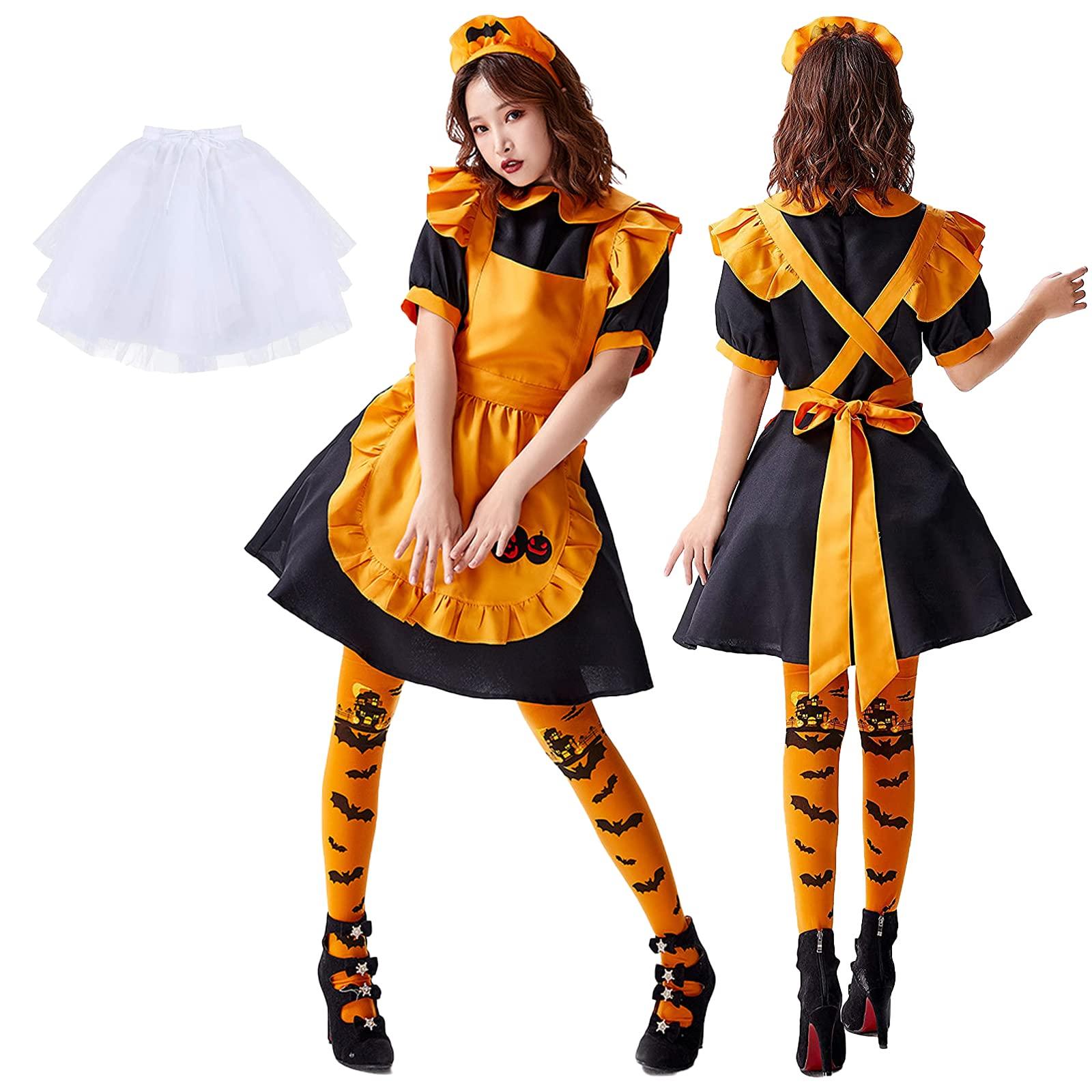 

Костюм горничной SUNAO на Хэллоуин с кринолином и костюм готической ведьмы на Хэллоуин, гольфы до колена, тыква, официантка, лолита, костюм, ведьма, взрослый, оранжевый