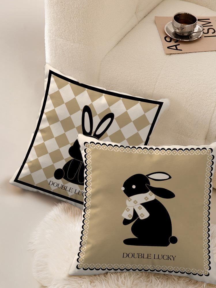 Modern Minimalist Plaid Rabbit Print Pillow Cover with Short Plush Fabric, Home Sofa, Car Cushion