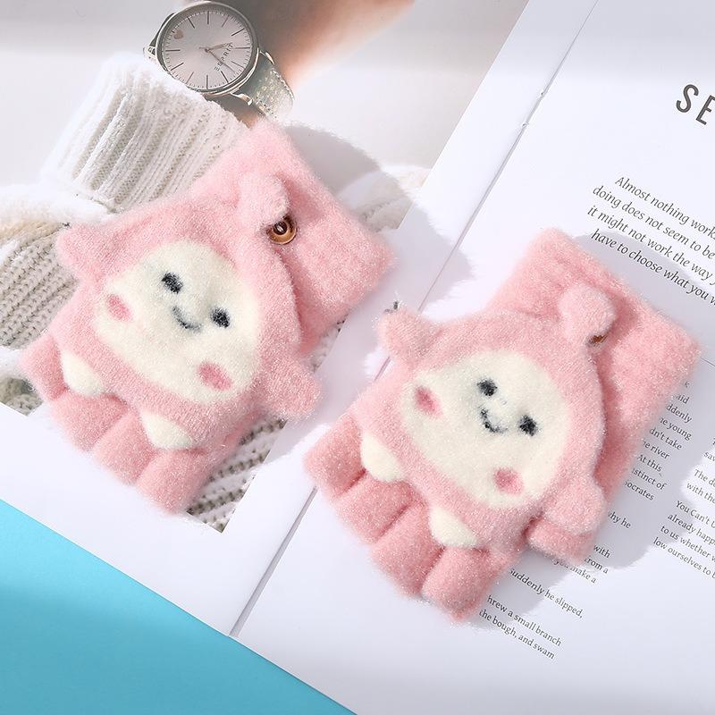 Autumn and Winter New Cute Girl Dumpling Flip Gloves Fresh and Sweet Versatile Thickened Plush Half-finger Gloves