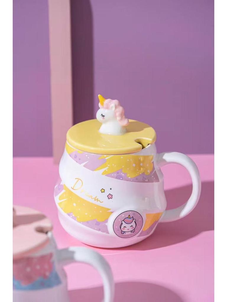 Ceramic Unicorn Mug - Rainbow Spiral Coffee Cup with Lid & Spoon, Cute for Girls