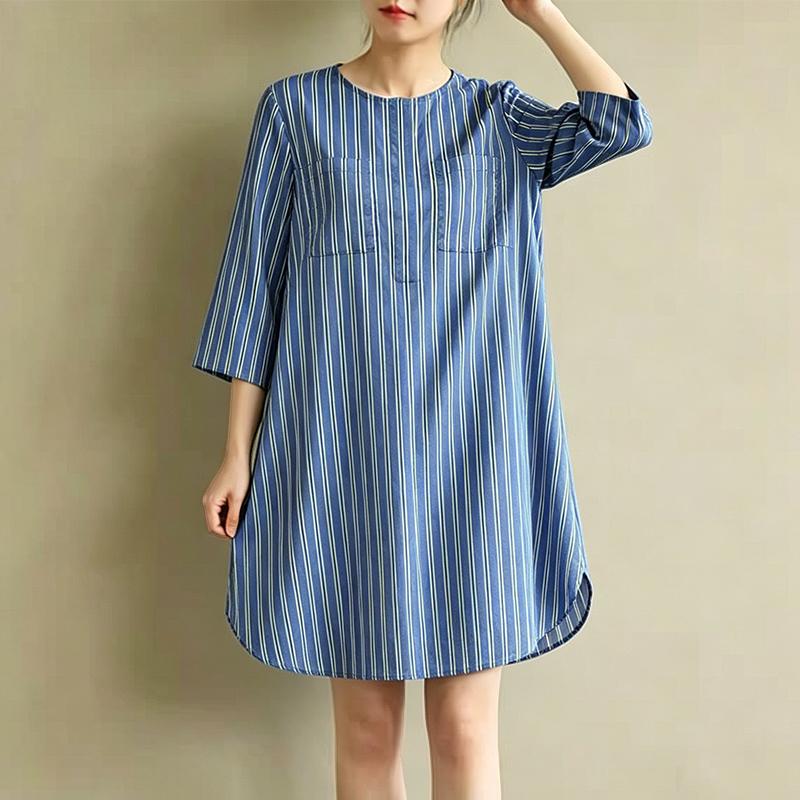 

ZANZEA Women Casual Round Neck 3/4 Sleeve Stripe Loose Dress M синий