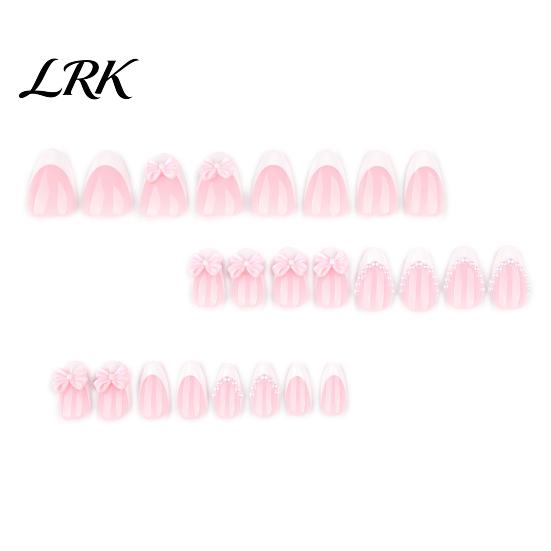 DIY Fake Nails 24Pcs Pink Bow Women Press on Nails, Faux Pearl Almond Stick-on French Tip Glue False for Office Date Party Wedding 24PCS