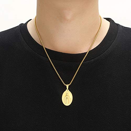 Deelfel Women's Gold Necklace with Venetian Chain, 45cm, Miraculous Medal, Virgin Mary Necklace, Oval, Amulet, Medal Pendant, Stainless Steel, Hypoall