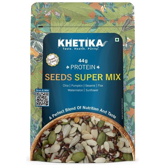Khetika Super Seeds Mix I 200g I Healthy Snacks I 44g ProteinI Contains Pumpkin, Sunflower, Watermelon, Sesame, Flax, Chia Seed