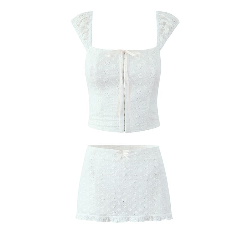 Moonlight Sweetheart French Style Young Adult Atmosphere off-Neck Embroider Small Top Bows Skirt Sexy Suit