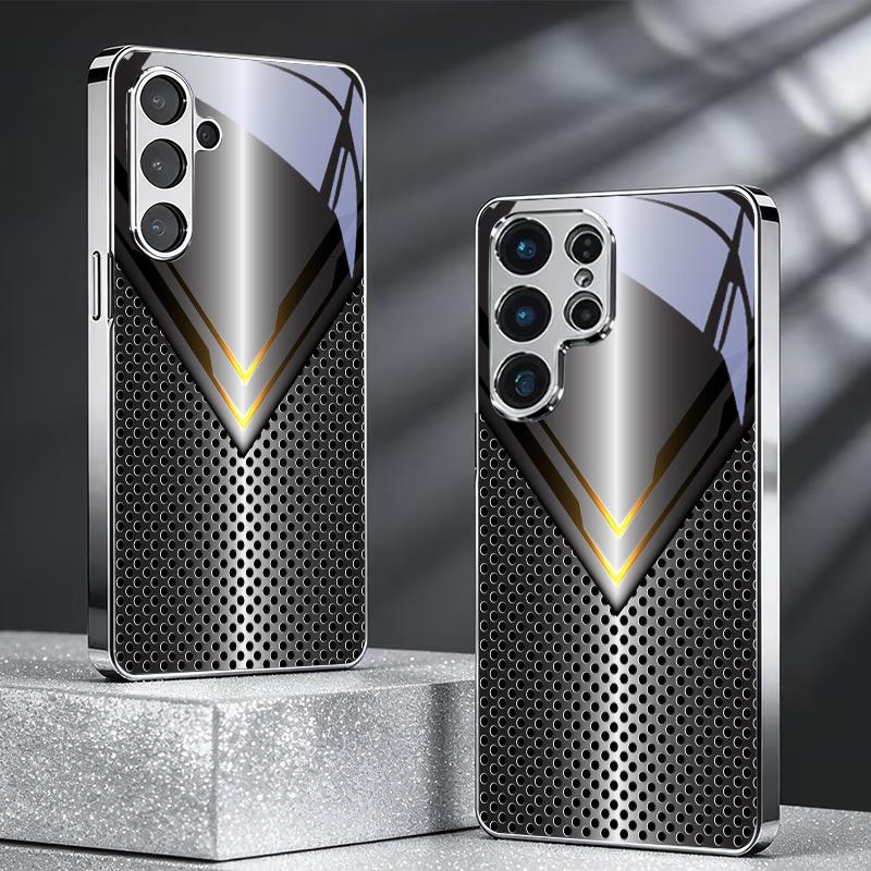 Metal V‑Shape Perforated Tech Electroplated Silver Phone Case For Samsung A31 A51 A71 A12 A22 A32 A42 A52 A06 A16 A17 A37 Cover