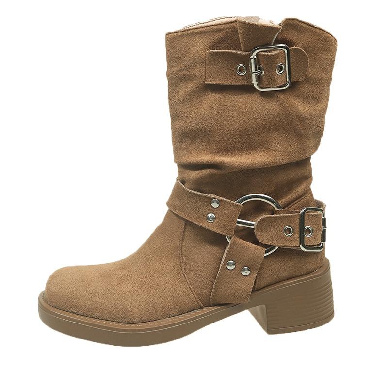 Fashion Round Toe Pleated Suede Block Heel Platform Low Top Short Boots Ethnic Women's Boots