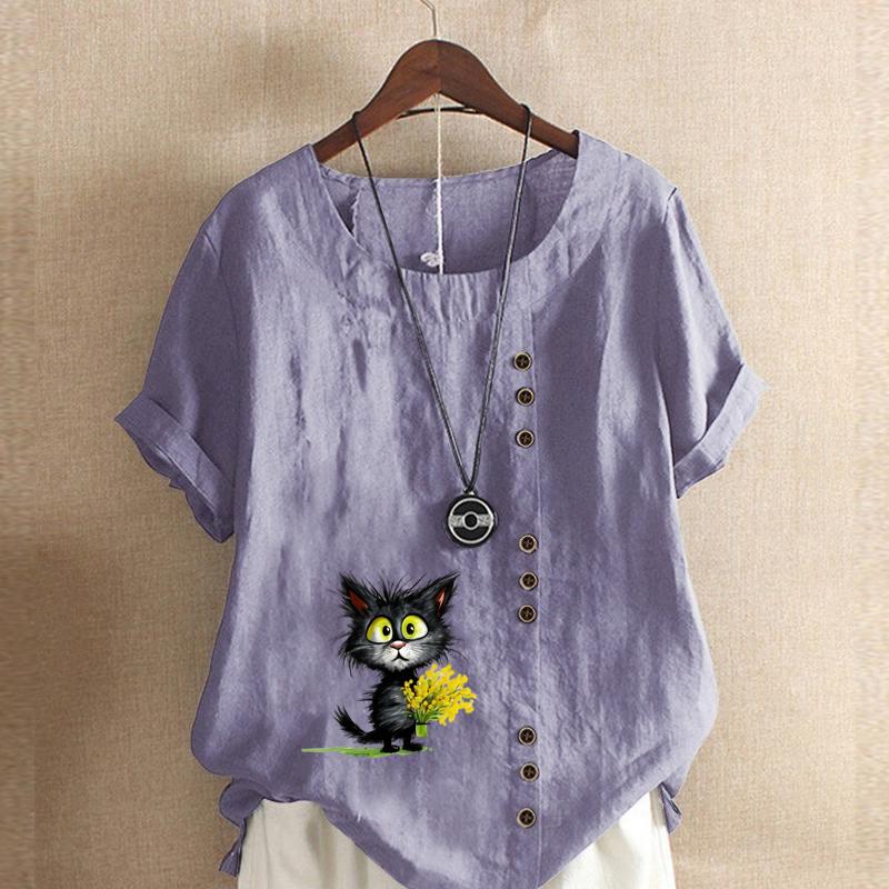 Damenmode Schwarze Katze Blumenmuster Kurzarm T-Shirt Locker Baumwollshirt Lässige Lockere Sommerbluse Übergröße Tops