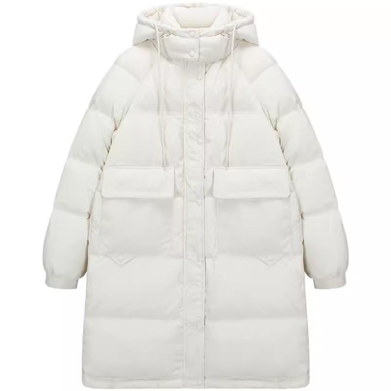 Lange Daunenjacke mit großer Tasche für Damen 2025 Wintermode Verdickte Kapuze Über Knie Süße weiße Entendaunenjacke