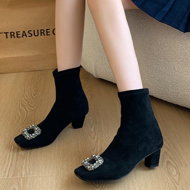 Suede Women Ankle Boots Chunky Crystal Fashion Mid Heels Shoes Winter 2024 New Trend Elegant Pumps Woman Snow Short Botas Mujer