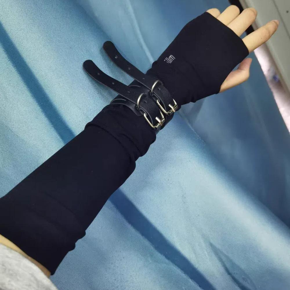 Spandex Ice Silk Finger Sleeves Hip-hop Y2K PU Wristband Sun Protection Punk Black Arm Cover  Girls