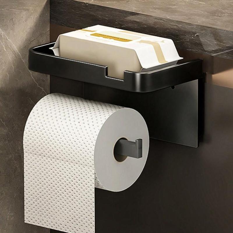 No-drill Adhesive Wall Mounted Toilet Paper Holder with Storage Shelf