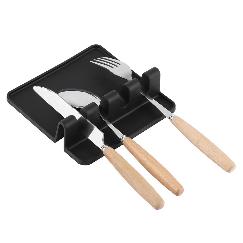 Food Grade Silicone Rack Spoon Spatula Utensils Rest Holder Organizer Kitchen Tool Black