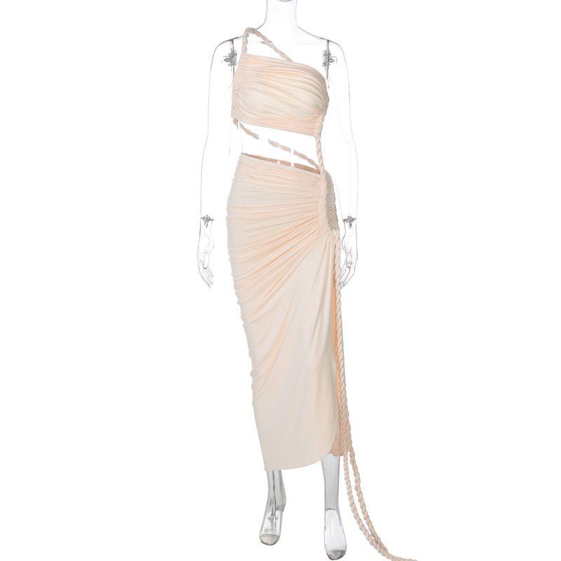 

Amazon Women clothes 2025 Spring and Summer New Fashion One-Shoulder Tube Top Backless Hollow Lace Pleated Dress Apricot color L