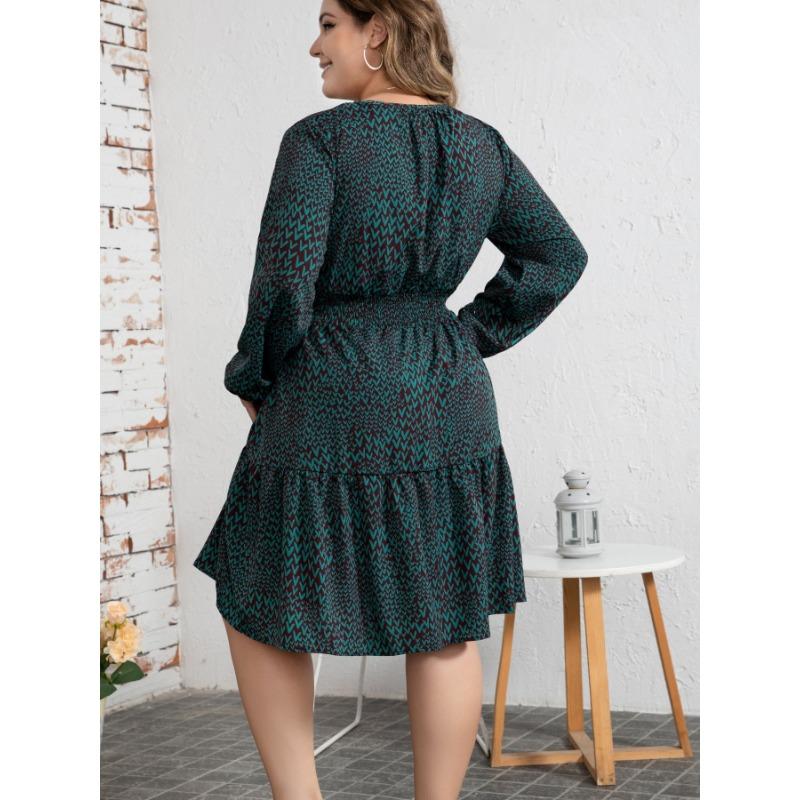 Spring and Autumn Women's Dress Plus Size Printed Long Sleeve Dresses