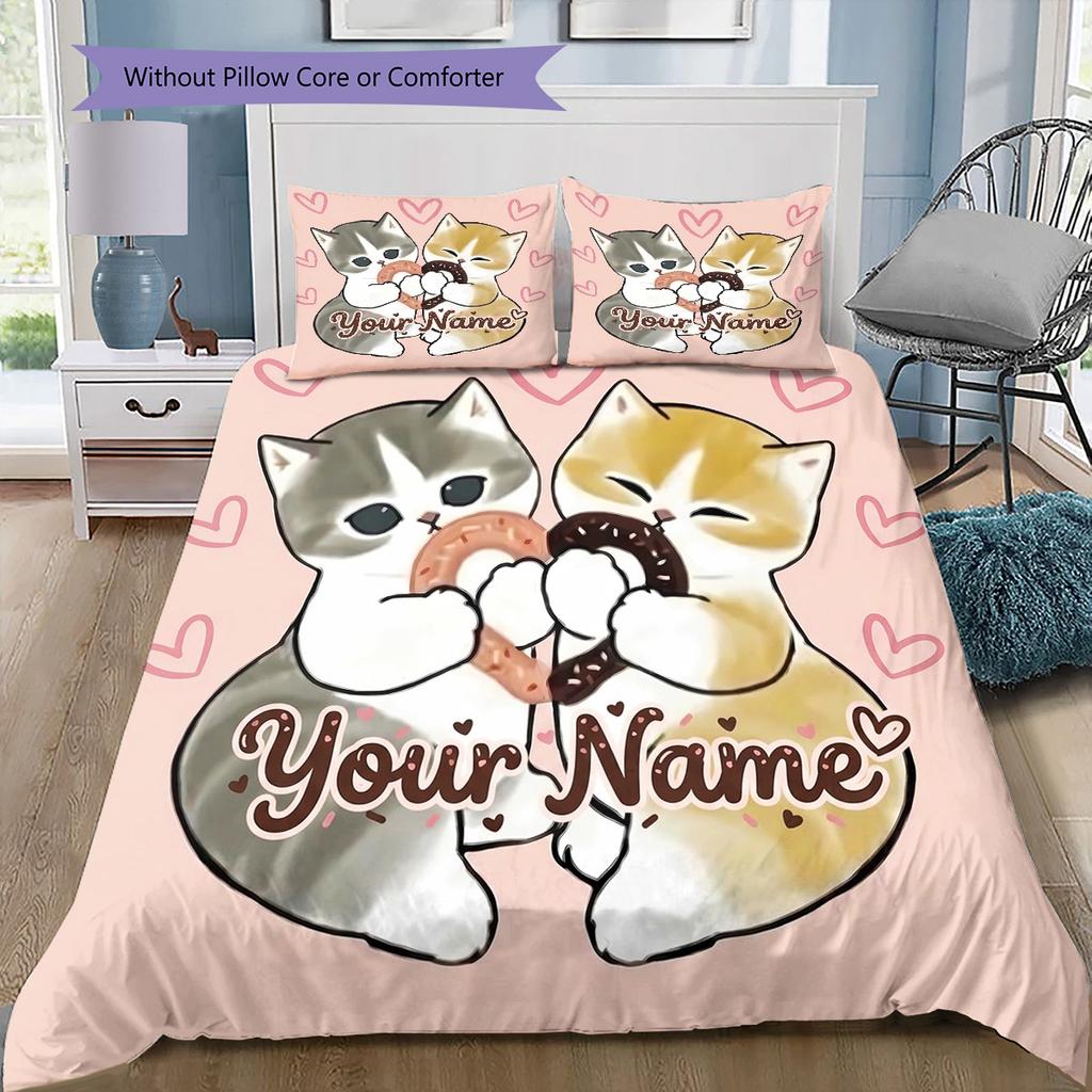Cat Donut Duo Custom Name Pattern Bedding Quilt Set Quilt Cover Pillowcase Home Birthday Gift(1 * duvet cover + 2 * pillowcase, without core)