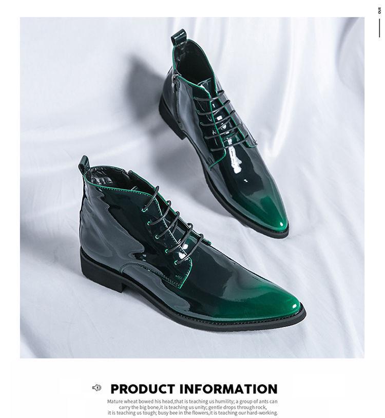 Men's Green Glossy High-Top Martin Boots - British Style Pointed Toe Chelsea Boots, Autumn Korean Trend.