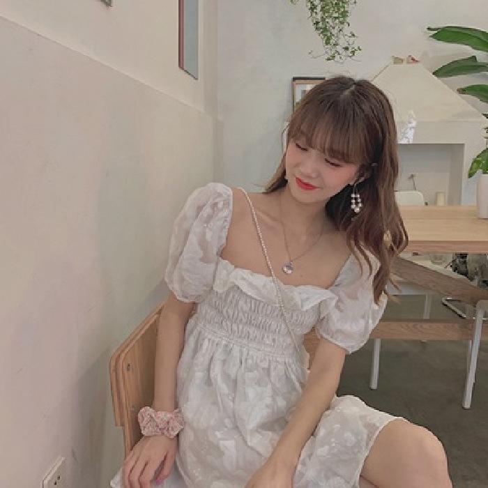 

2026 Spring/Summer Floral One-Shoulder Puff Sleeve Dress for Petite Women M (for 45-49 kg) белый