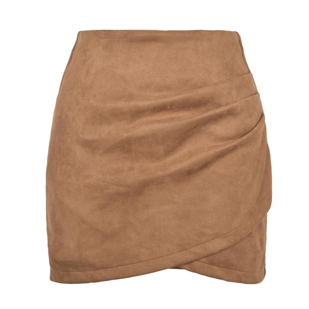 Gonna avvolta in natiche in pelle scamosciata tinta unita Gonna corta con cerniera irregolare pieghettata per abbigliamento da donna
