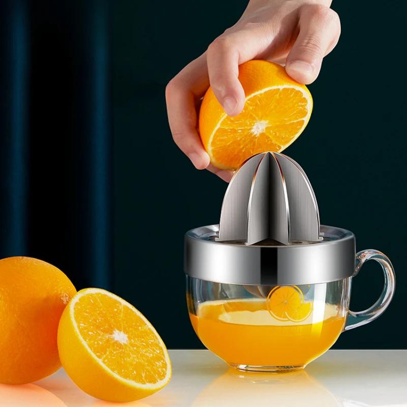304 Edelstahl Manueller Entsafter, Fruchtpresse Zitronenpresse Orangen Saft Werkzeug mit Temperglasbecher, Haushalt Küche