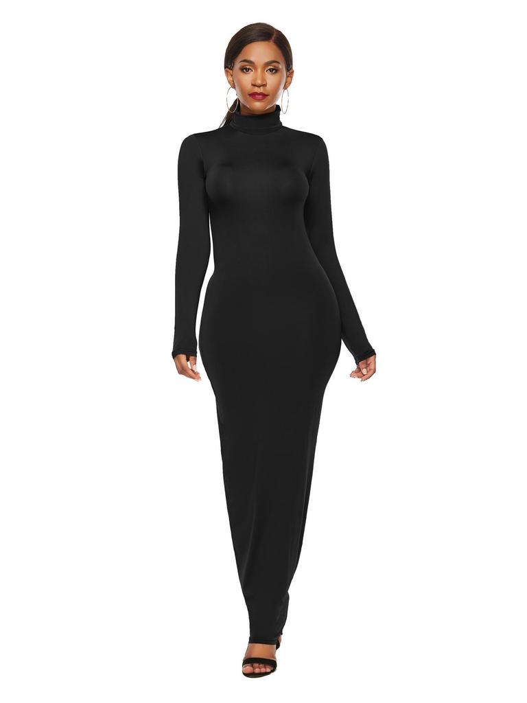 Elastic High-Neck Long-Sleeve Maxi Dress