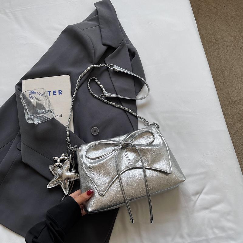 

Trendy new high-value ballet style bow pleated underarm bag casual chain messenger bag women серебряный