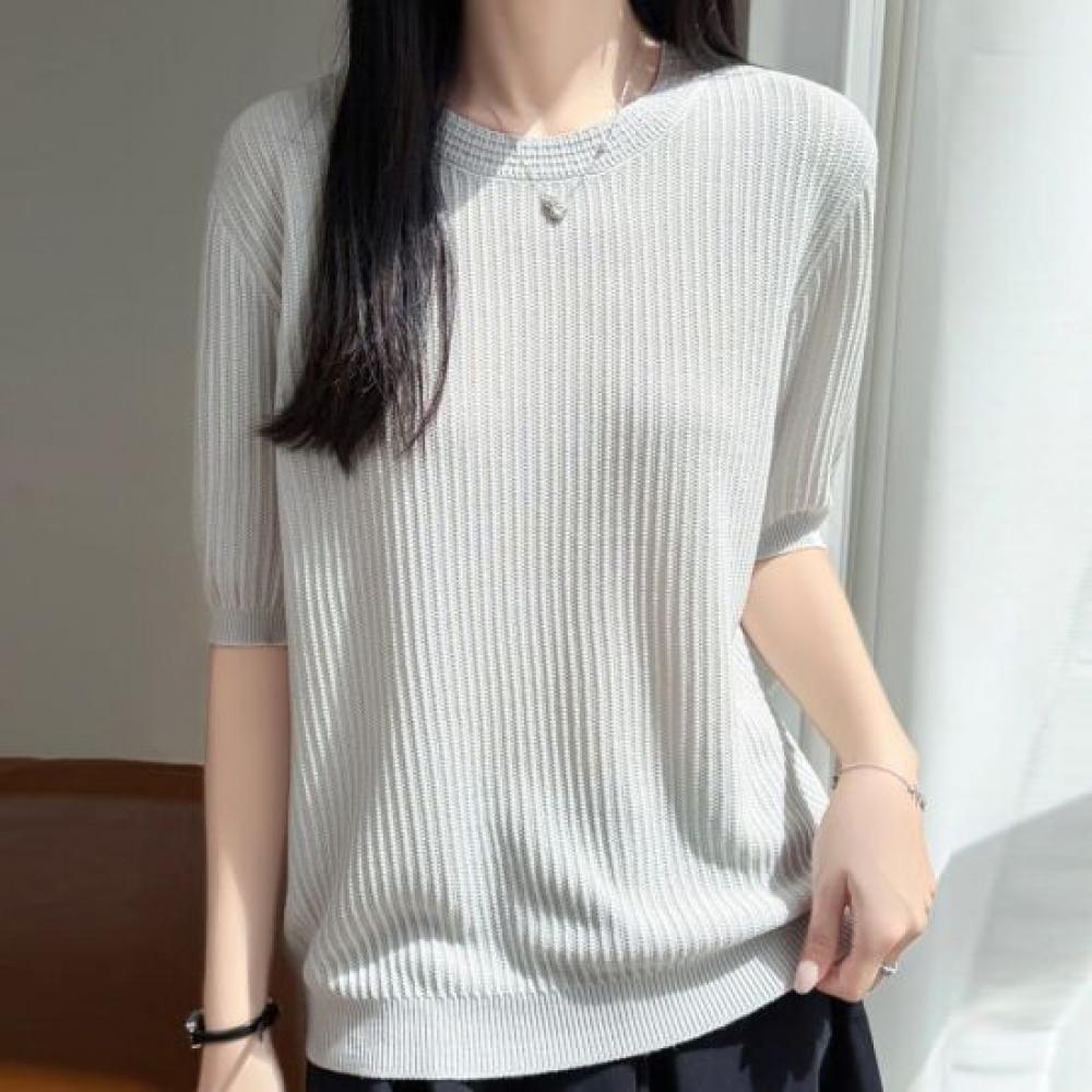 Navava Women S Simple baSic Solid Rib Round Neck 5 Sleeve Knit Tee Nk3670